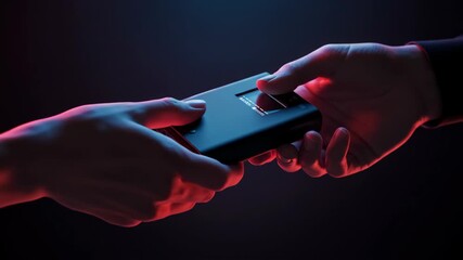 Handing over a device in red and blue light.