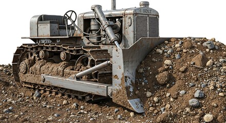 Vintage Caterpillar Bulldozer Pushing Dirt and Rocks on a Construction Site.