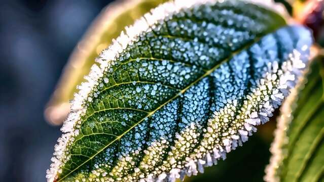 Detailed Macro Shot of Frosted Leaf with Delicate Ice Crystals