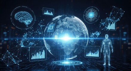 Stunning AI global network with human silhouette and digital data charts for futuristic technology and business innovation, sparking creativity and progress