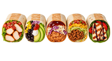 Five different types of burritos isolated on transparent background