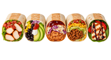 Five different types of burritos isolated on transparent background