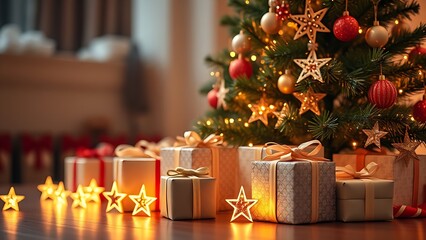 Festive holiday setup with decorated tree and gift boxes, evoking warmth and seasonal joy.