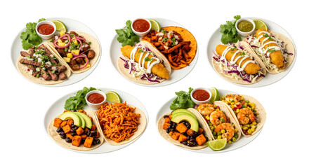 Five different types of tacos with various fillings isolated on transparent background