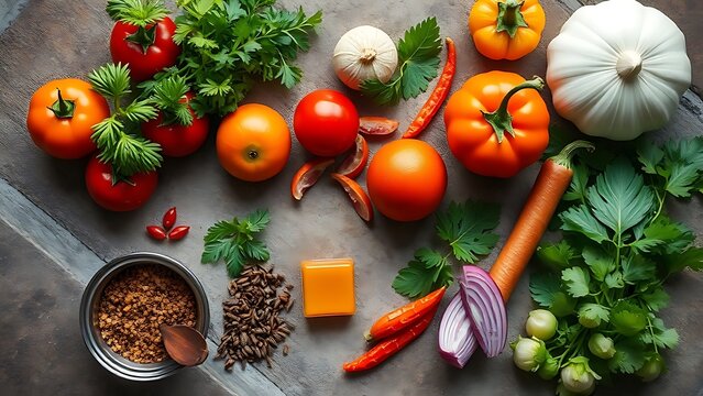 Vibrant Asian ingredients on rustic stone, fresh herbs and spices, warm natural lighting. - Powered by Adobe