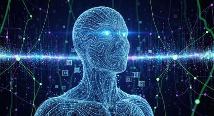 Futuristic AI interface concept showing digital human with glowing blue eyes and neural network connections for innovative technology solutions and advanced data processing