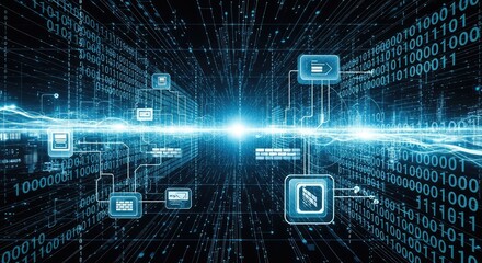 Dynamic digital data flow concept with binary code, perfect for tech companies, software developers, and cutting-edge technology marketing materials