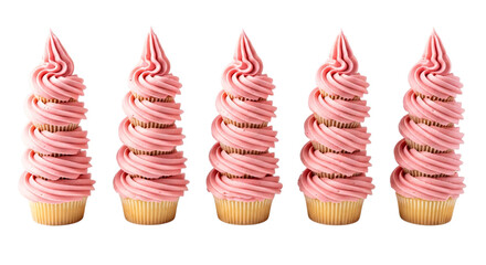 Row of five pink frosted cupcakes with swirled frosting, isolated on transparent background