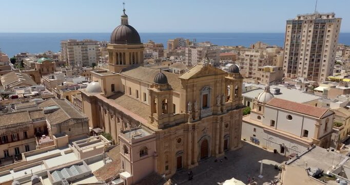 Aerial view of Marsala Cathedral, in province of Trapani, Sicily, Italy. It's the largest church in the town and has a Baroque style facade. It is dedicated to the Anglo-Norman saint Thomas Becket.
