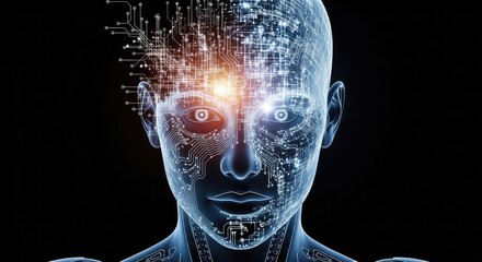 Futuristic AI human head with glowing circuits for cutting-edge technology innovation and artificial intelligence concepts, perfect for modern business themes