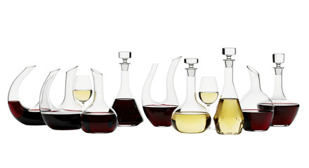 Collection of glass decanters filled with red and white wine isolated on transparent background