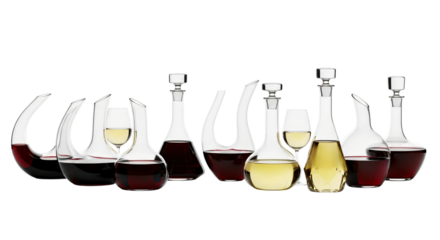 Collection of glass decanters filled with red and white wine isolated on transparent background