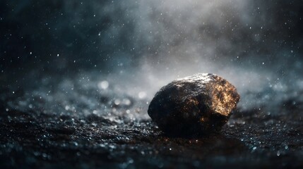 A solitary illuminated stone sits on dark ground with atmospheric particles and a cosmic like background