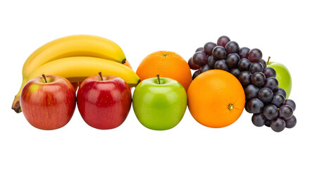 A vibrant assortment of fresh fruits including bananas, apples, oranges, grapes, and a green apple, isolated on transparent background