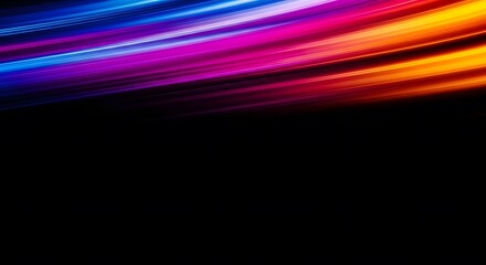 Abstract futuristic light line design with bright colors, moving energy concept in neon blue, pink, orange and yellow gradient with black background