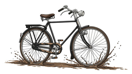 Fototapeta premium A black bicycle rides through a muddy puddle