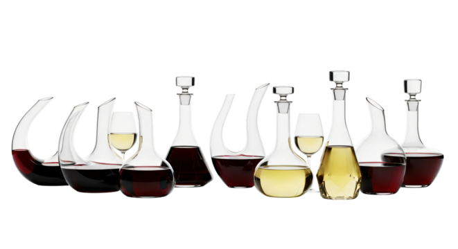 Collection of glass decanters filled with red and white wine isolated on transparent background