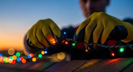 Worker's hands in gloves installing colorful led string lights