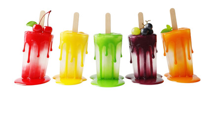 A row of five colorful fruit popsicles with dripping melted ice, isolated on a transparent background