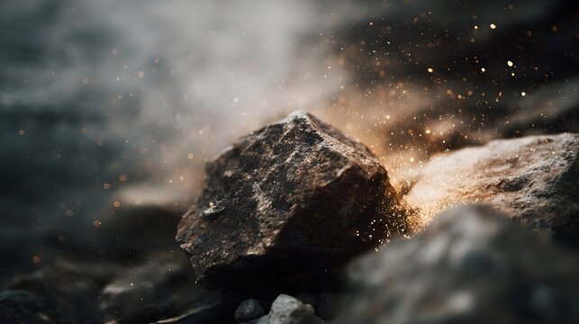 Rough textured rocks illuminated by glowing particles and dust creating a dramatic elemental scene