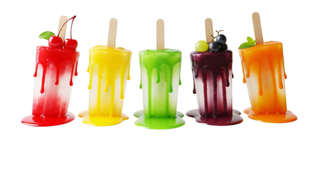 A row of five colorful fruit popsicles with dripping melted ice, isolated on a transparent background - Powered by Adobe