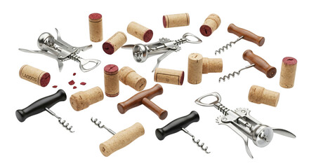 A collection of wine corks and corkscrews scattered on a white surface, isolated on a transparent background