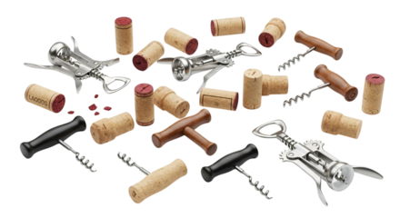 A collection of wine corks and corkscrews scattered on a white surface, isolated on a transparent background