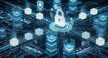 Secure digital network with glowing padlock symbolizes cybersecurity and data protection, a modern technology concept for business and personal safety online