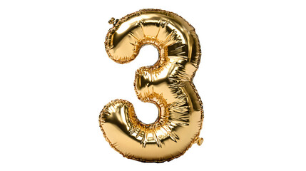 Golden Number Three Foil Balloon, isolated on transparent background