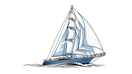 A blue sailboat with white sails on choppy water