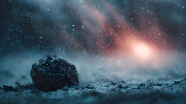 A dark textured meteor fragment lies on a snow covered ground under a dramatic atmospheric sky with falling snow and a distant glowing light