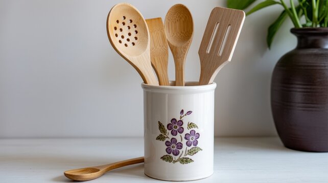 Natural wooden kitchen utensils neatly arranged in a decorative ceramic holder - Powered by Adobe