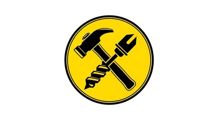 Hammer and Wrench Crossed in Yellow Circle Icon.