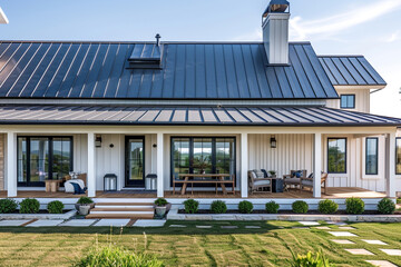 Modern Farmhouse Exterior with Board and Batten Siding and Metal Roof