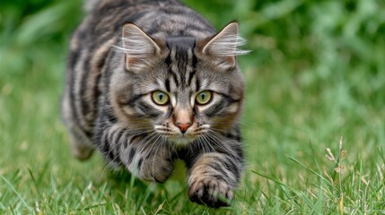 A playful cat dashes through a lush green field, its fur catching the sunlight as it moves. The scene captures the joy of freedom and the beauty of nature on a bright day