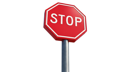 Bright red octagonal stop sign with clear white lettering mounted on a sturdy grey pole, a critical visual signal for road safety and traffic control regulation.