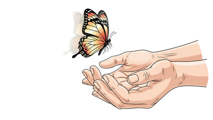 A butterfly flies above open cupped hands