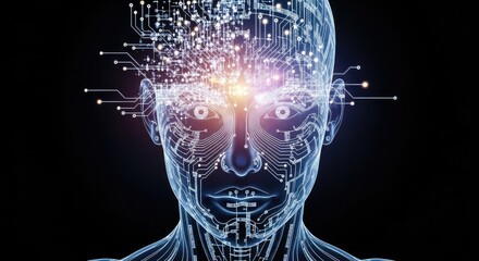 Futuristic technology concept showing human head with circuit board patterns expressing artificial intelligence and machine learning, modern digital mind
