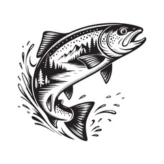 Vintage Fishing Fish engraving outline vector art illustration design, Fish silhouette, hand drawn, line art fish design