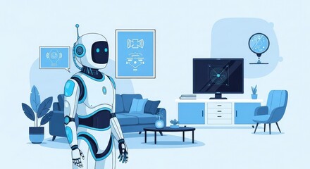 Futuristic robot in modern home, a glimpse into future lifestyle with AI, a smart home concept, envisioning connected living and technological advancement, a modern AI assistant