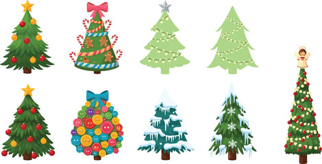 Cartoon Christmas trees collection, festive holiday illustration with decorations, colorful seasonal design, creative winter artwork, cheerful decorative tree set