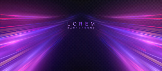 A glowing purple light beam with bright rays converging in the center on a dark background, a futuristic effect of high-speed movement for technological banners and gaming interfaces.