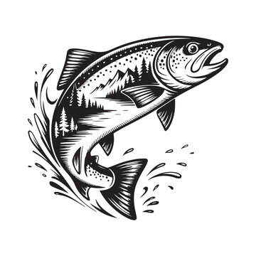 Vintage Fishing Fish engraving outline vector art illustration design, Fish silhouette, hand drawn, line art fish design
