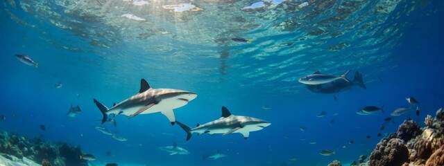 Fototapeta premium Underwater Scene with Sharks and Fish in Blue Ocean