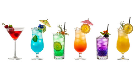 A collection of colorful cocktails with garnishes isolated on transparent background