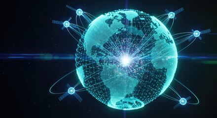 Global network of satellites connecting the world with a stunning digital earth, showcasing modern technology for global communication and futuristic designs