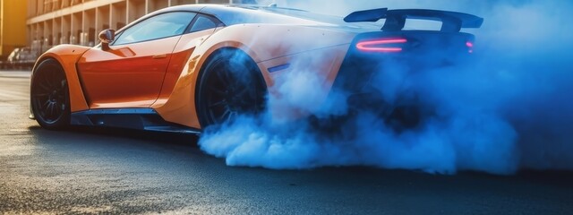 Sportscar performing a burnout, creating clouds of smoke