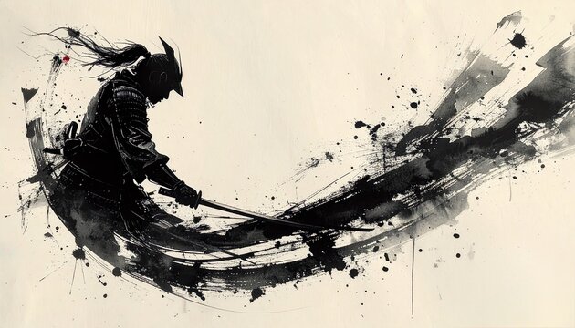 Abstract samurai ink painting shows bold brush strokes on washi paper in traditional sumi-e style
