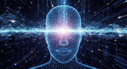 Futuristic AI brain with glowing synapses represents artificial intelligence, neural networks, and complex data processing for cutting-edge technology solutions