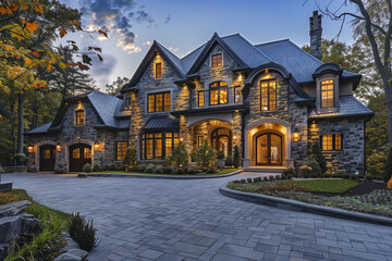 Elegant Luxury Home with Stone Accents and Lush Green Landscaping